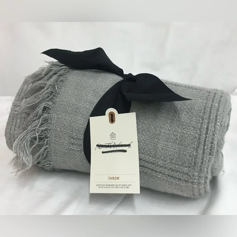 NWT Hearth & Hand with Magnolia Grey Textured Grid Lines Dobby Blanket Cozy